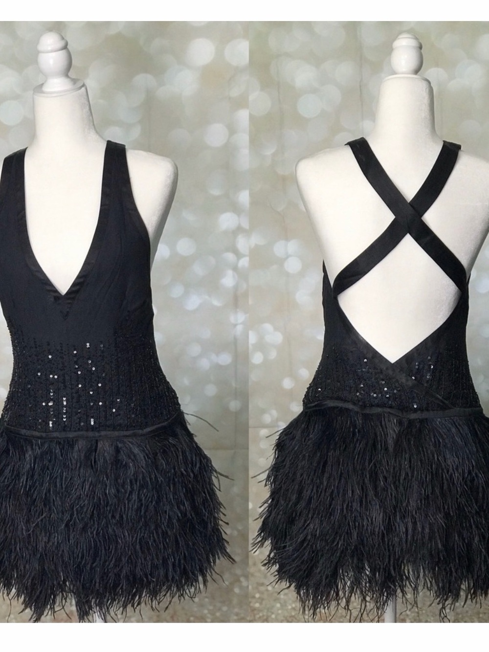 Black Feathered Sequin Halter Dress